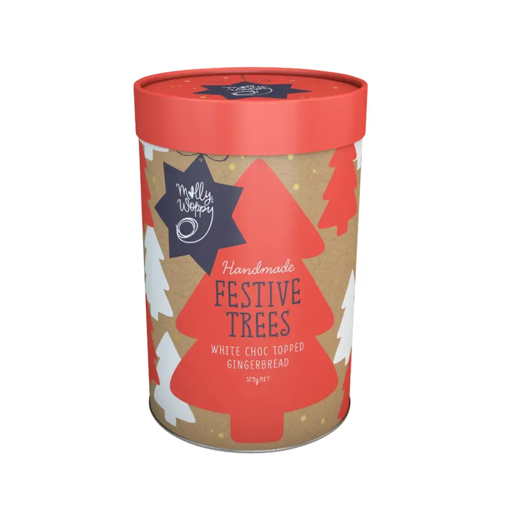 Gingerbread Festive Trees White Choc Topped Cylinder Christmas Gifting Cookies 375g  x 6 Carton