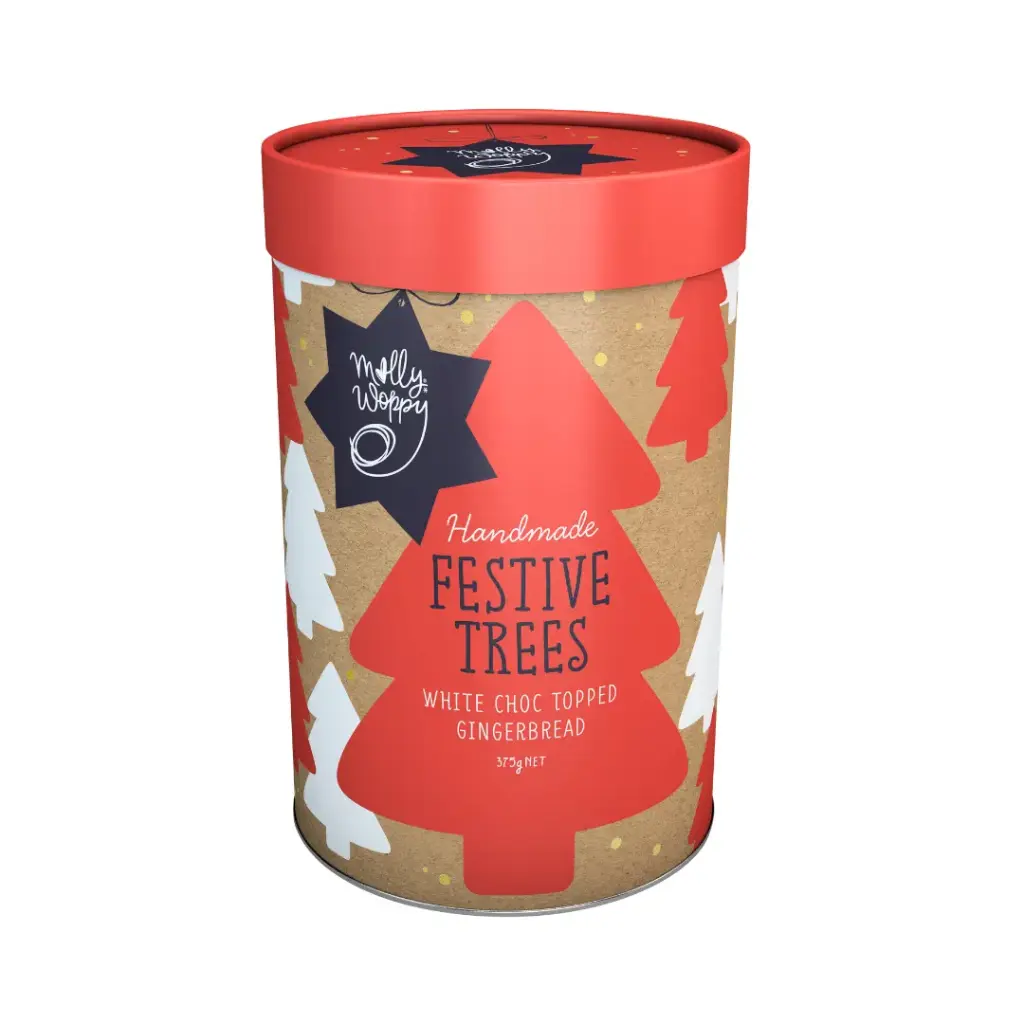 Gingerbread Festive Trees White Choc Topped Cylinder Christmas Gifting Cookies 375g  x 6 Carton