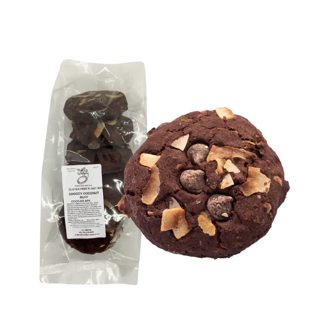 Gluten Free Plant Based Vegan Choccy Coconut Ruff Cookies Bulk Cafe 68g 6Pk